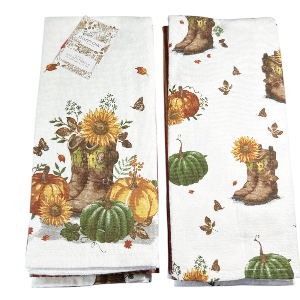 NEW Shabby Chic COWBOY BOOTS & PUMPKINS Kitchen Towel Set/3